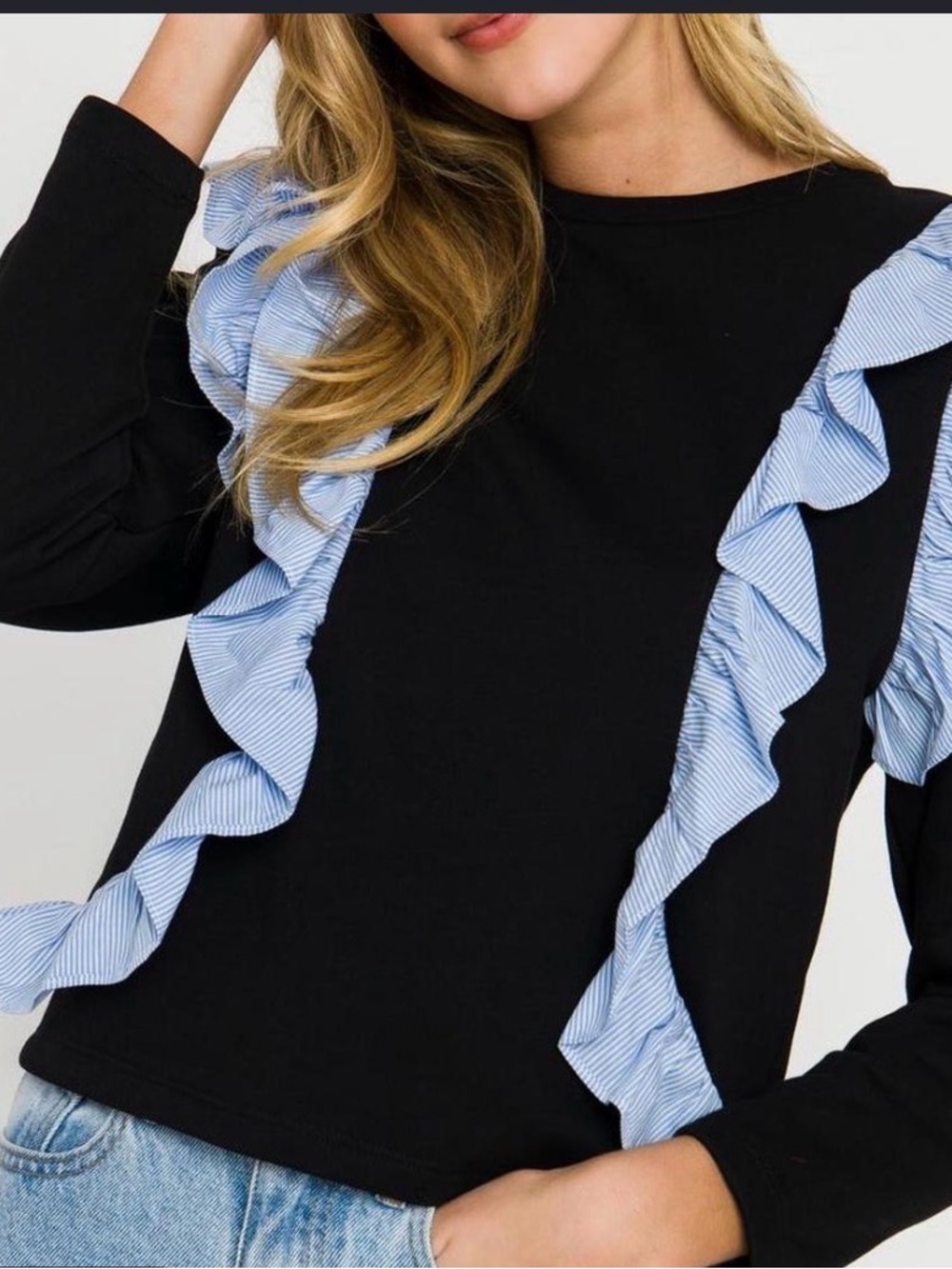 Zara Black Sweatshirt with Light Blue Ruffle Trim